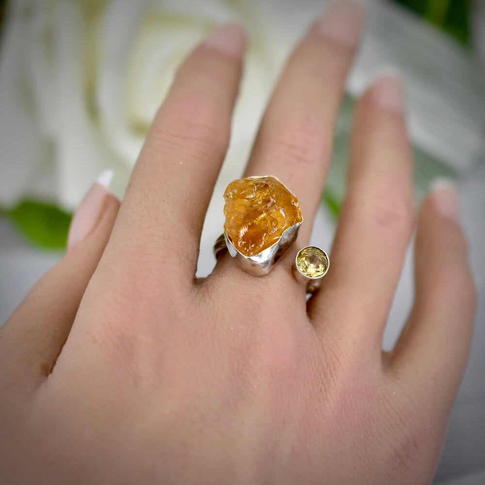 Vintage 925 Sterling Silver Raw & Faceted Citrine Bypass Ring 6.68g